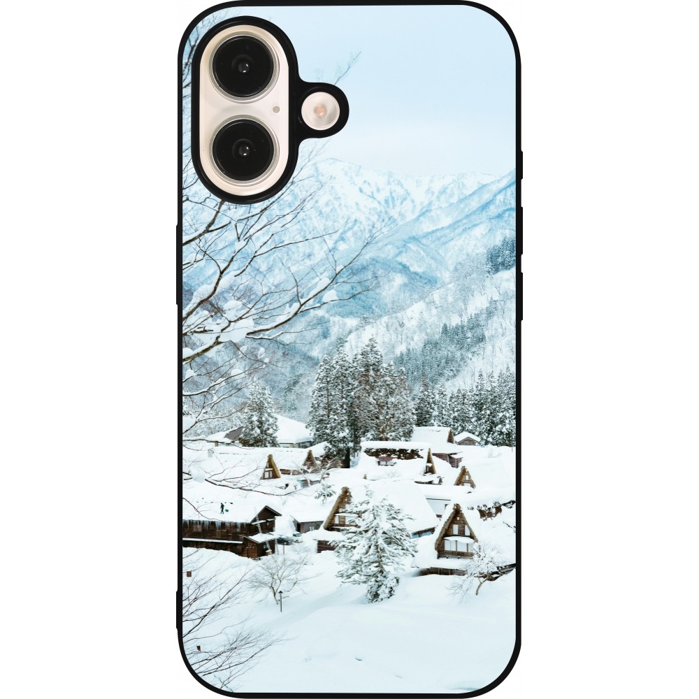 Coque iPhone 16 - Silicone rigide noir Winter 25 Winter snowy landscape