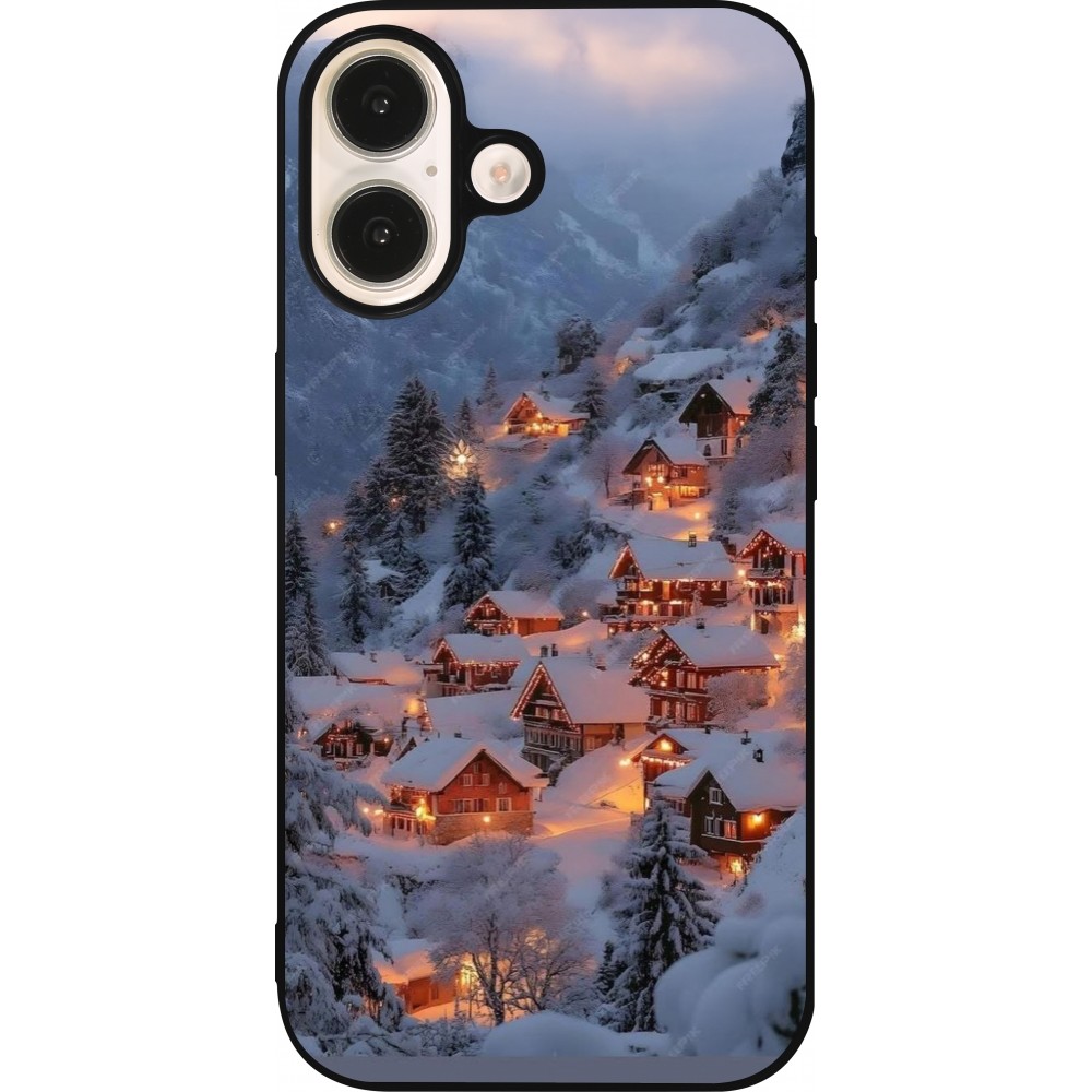 Coque iPhone 16 - Silicone rigide noir Winter 25 Winter snowy village