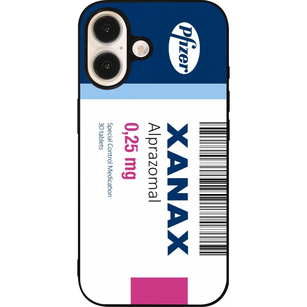 Coque iPhone 16 - Silicone rigide noir Xanax Alprazolam 2025