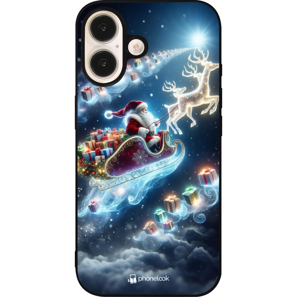 Coque iPhone 16 - Silicone rigide noir Noël 2023 Père Noël enchanté