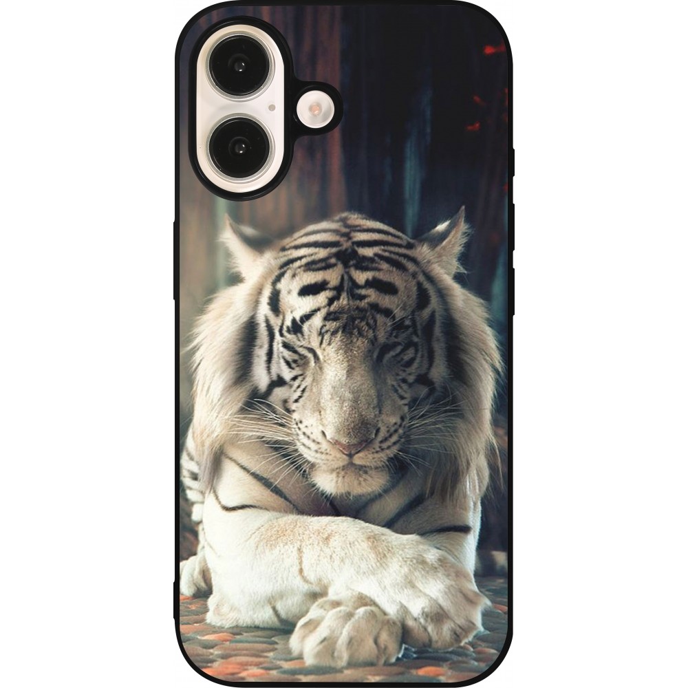 Coque iPhone 16 - Silicone rigide noir Zen Tiger