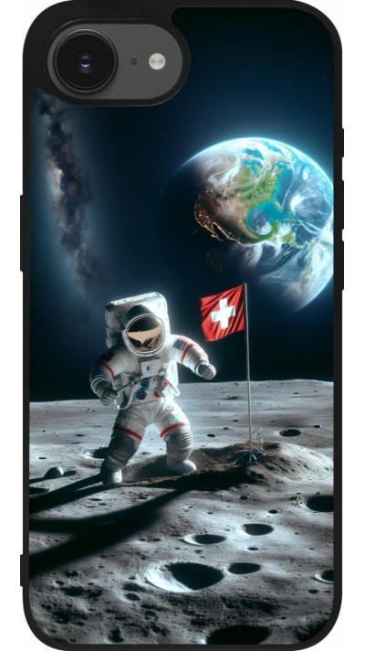 Coque iPhone 16e - Silicone rigide noir Astro Suisse sur lune