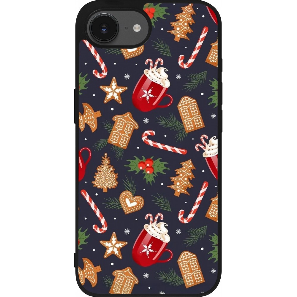 Coque iPhone 16e - Silicone rigide noir Christmas 25 Pattern Gingerbread House