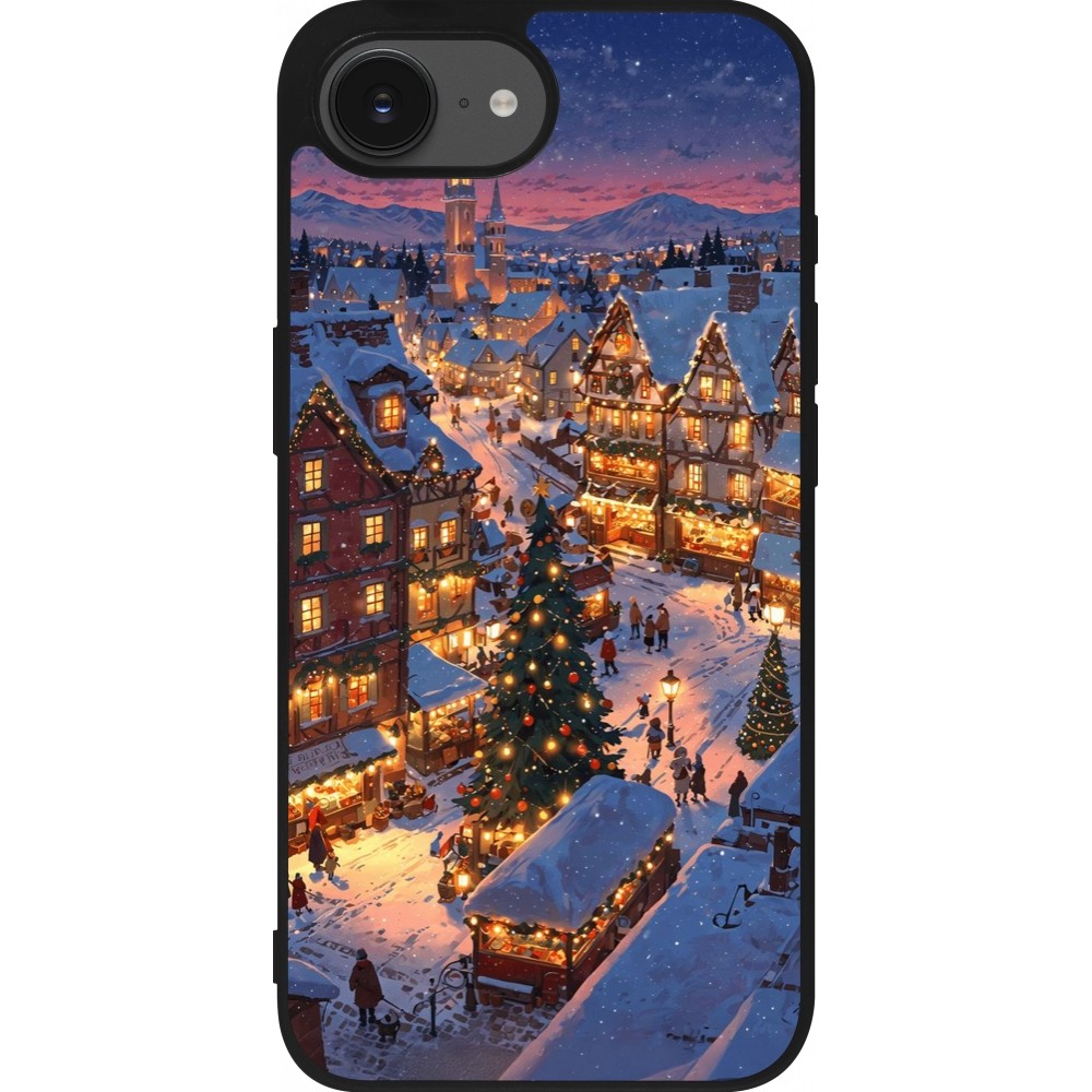 Coque iPhone 16e - Silicone rigide noir Christmas 25 Xmas Village