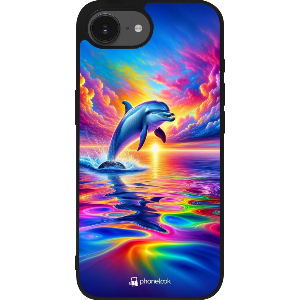 iPhone 16e Case Hülle - Silikon schwarz Glücklicher Regenbogen-Delfin