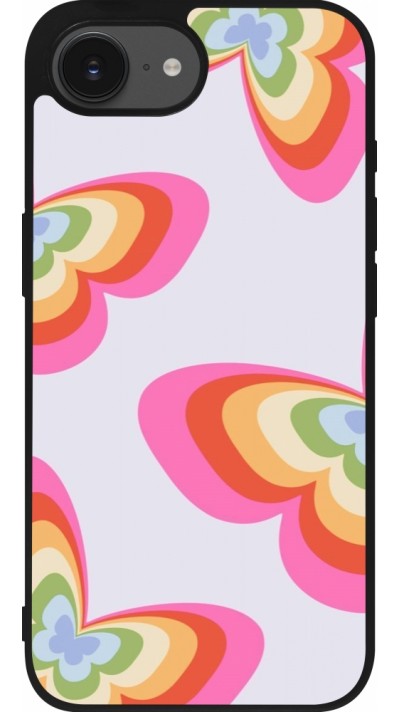 Coque iPhone 16e - Silicone rigide noir Easter 2024 rainbow butterflies