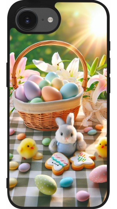 Coque iPhone 16e - Silicone rigide noir Easter 2025 Panier Pâques