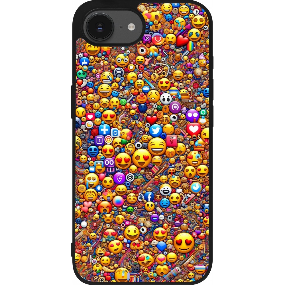 Coque iPhone 16e - Silicone rigide noir Emoji mixed