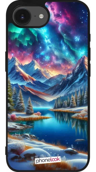 Coque iPhone 16e - Silicone rigide noir Fantasy Mountain Lake Sky Stars