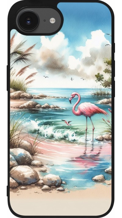 Coque iPhone 16e - Silicone rigide noir Flamant rose aquarelle