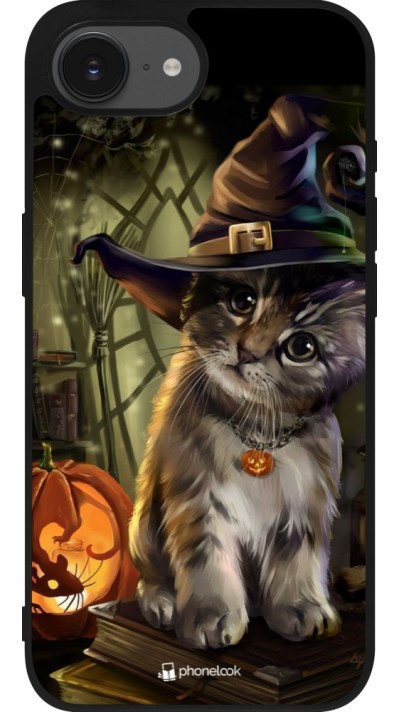 Coque iPhone 16e - Silicone rigide noir Halloween 21 Witch cat