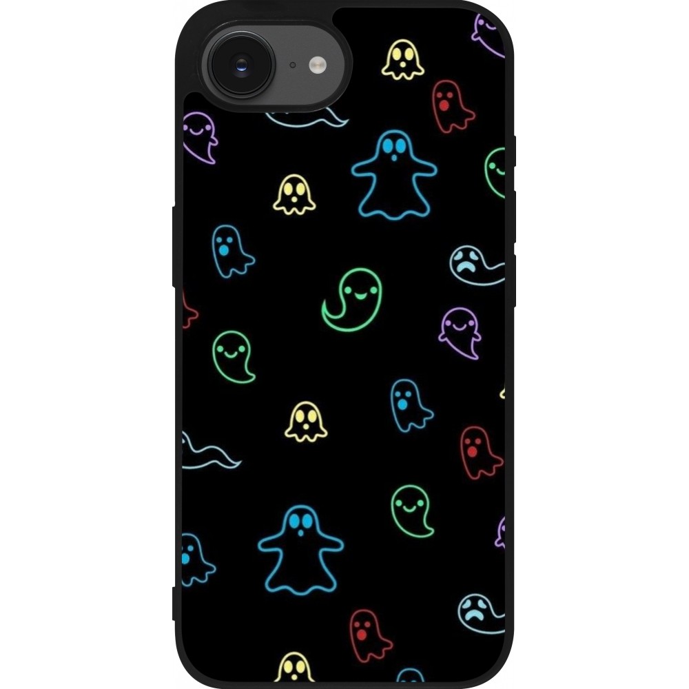 Coque iPhone 16e - Silicone rigide noir Halloween 2024 colorful ghosts