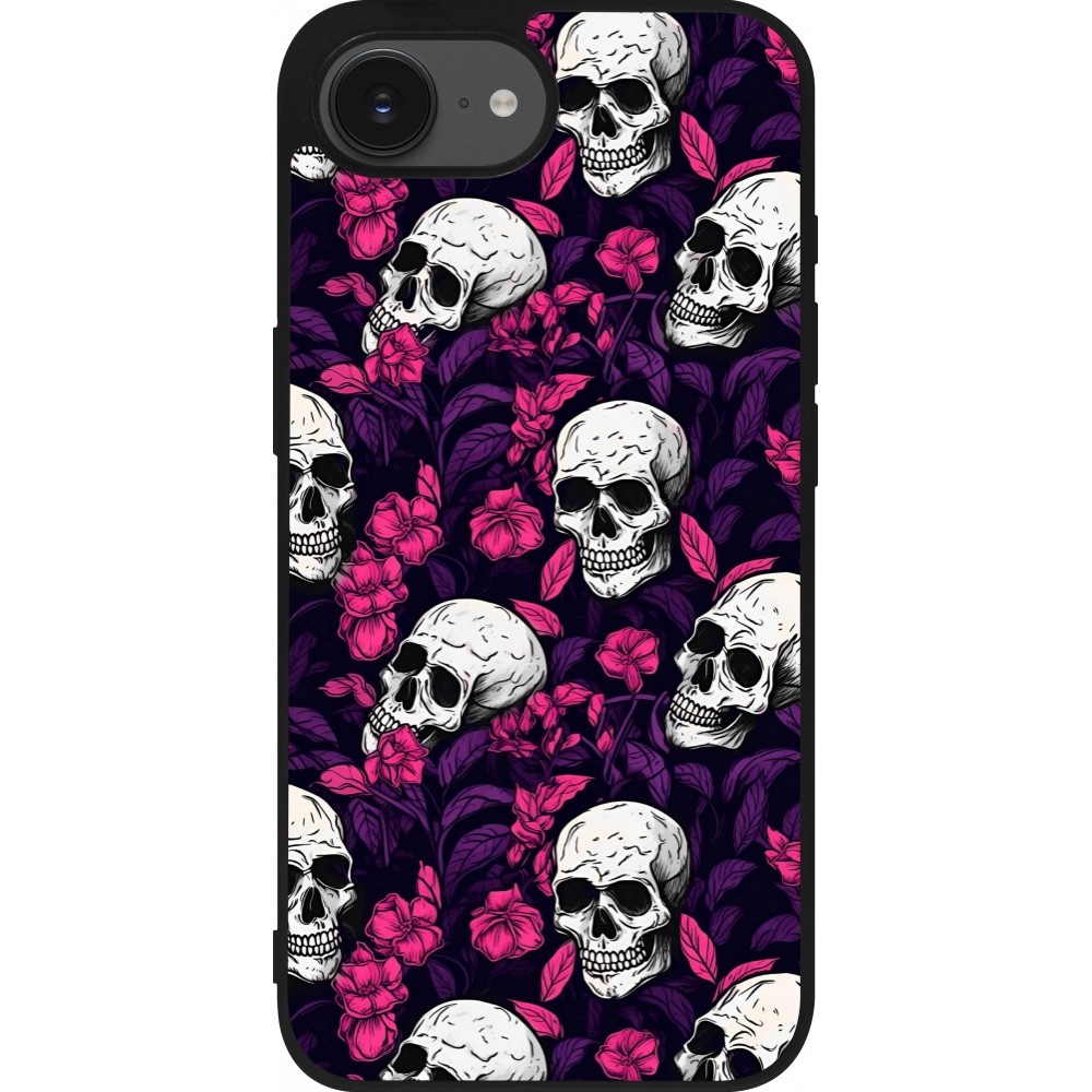 Coque iPhone 16e - Silicone rigide noir Halloween 2024 romantic skulls