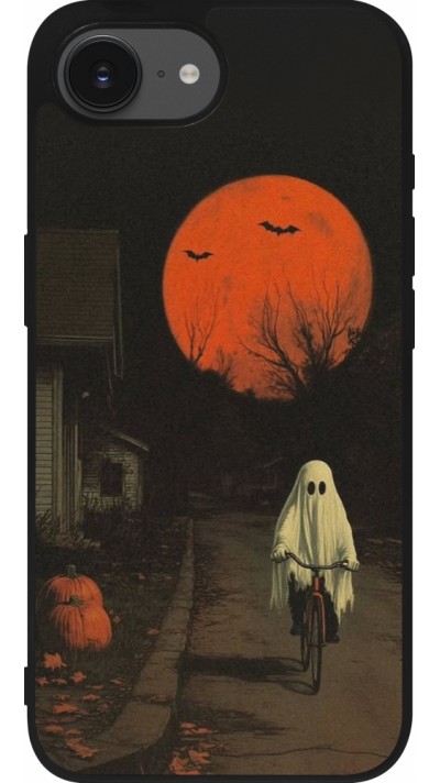 Coque iPhone 16e - Silicone rigide noir Halloween 2025 Ghost on a bicycle