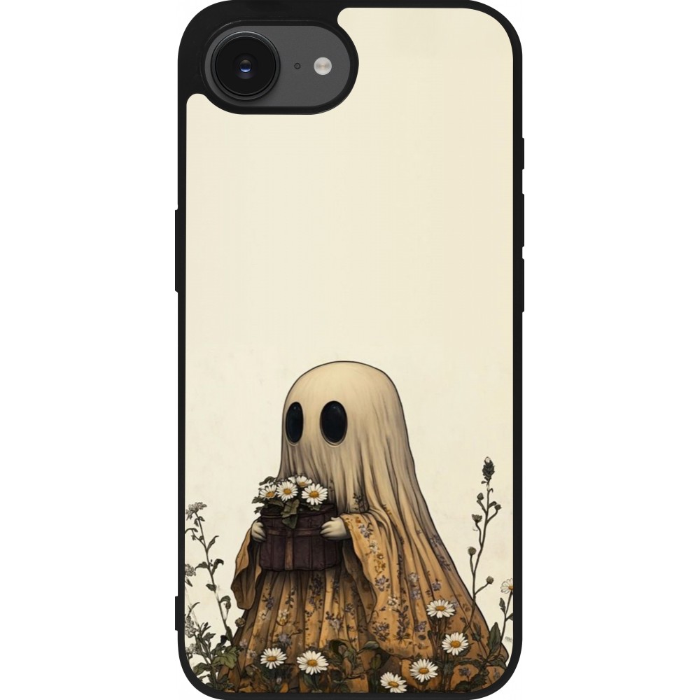 Coque iPhone 16e - Silicone rigide noir Halloween 2025 Ghost gardener