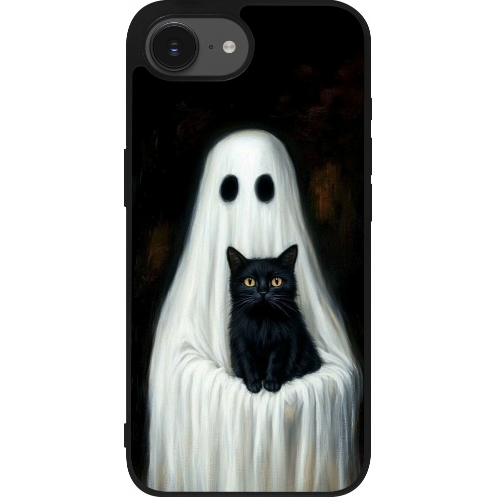 Coque iPhone 16e - Silicone rigide noir Halloween 2025 Ghost with black cat