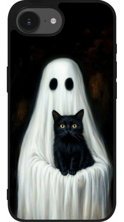 Coque iPhone 16e - Silicone rigide noir Halloween 2025 Ghost with black cat