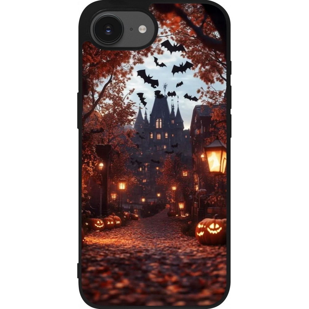 Coque iPhone 16e - Silicone rigide noir Halloween 2025 Haunted house