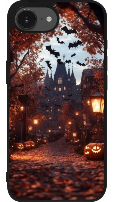 Coque iPhone 16e - Silicone rigide noir Halloween 2025 Haunted house