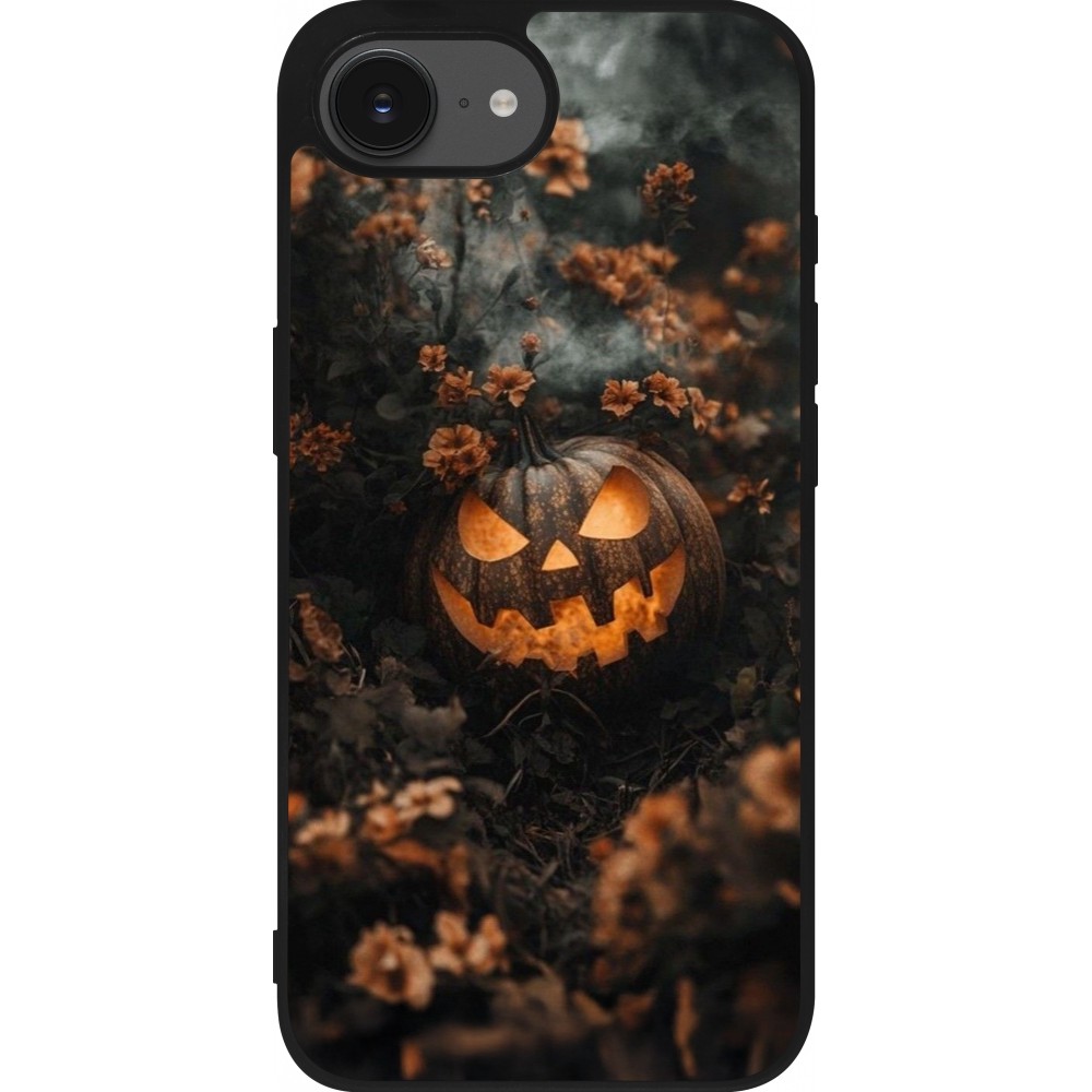 Coque iPhone 16e - Silicone rigide noir Halloween 2025 Pumpkin with flowers