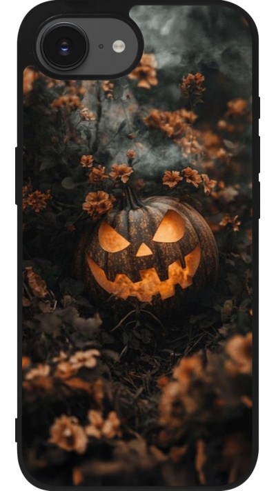 Coque iPhone 16e - Silicone rigide noir Halloween 2025 Pumpkin with flowers