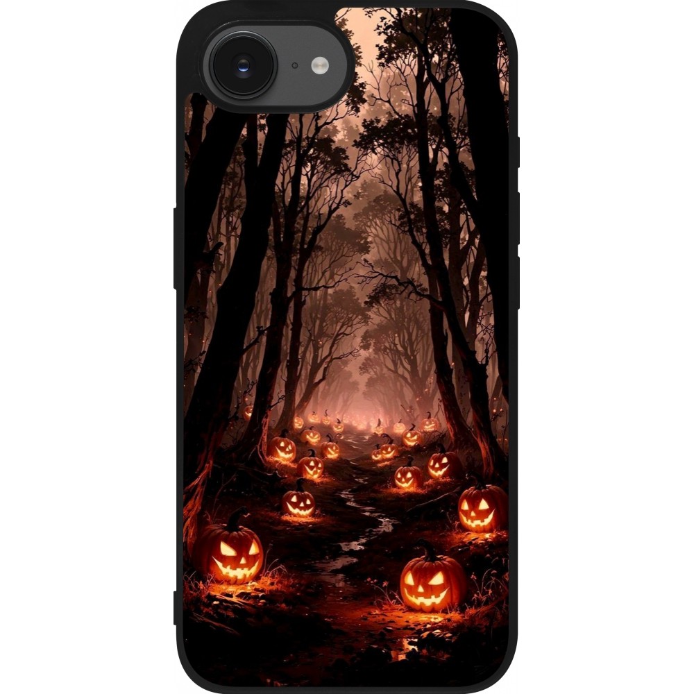 Coque iPhone 16e - Silicone rigide noir Halloween 2025 Road of Terrifying Pumpkins