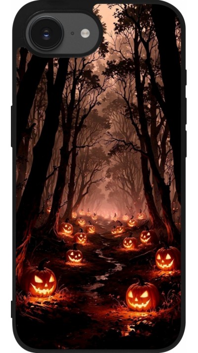 Coque iPhone 16e - Silicone rigide noir Halloween 2025 Road of Terrifying Pumpkins