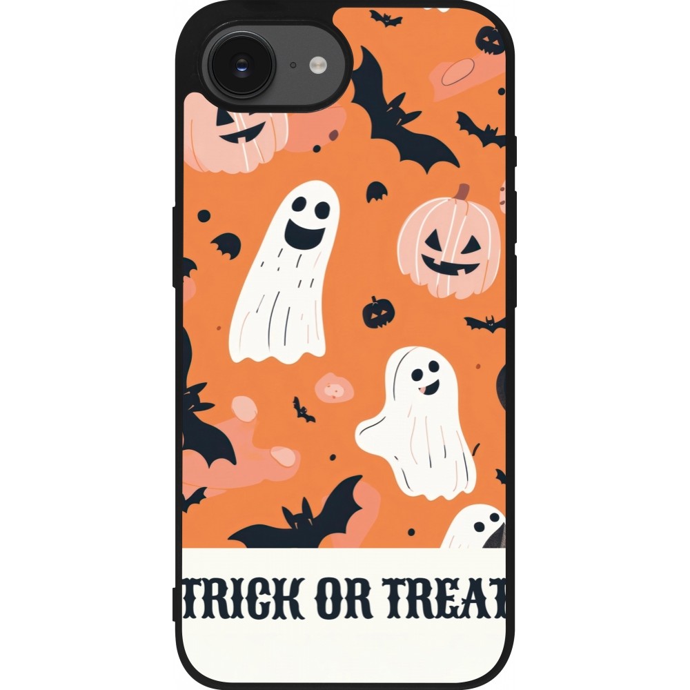 Coque iPhone 16e - Silicone rigide noir Halloween 2025 Trick or treat