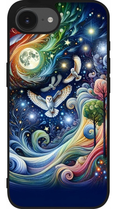 Coque iPhone 16e - Silicone rigide noir hibou volant floral