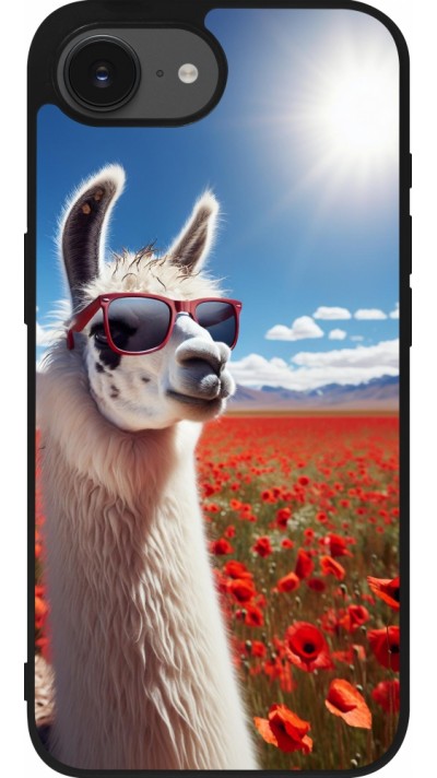 Coque iPhone 16e - Silicone rigide noir Lama Chic en Coquelicot