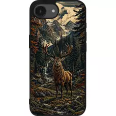 Coque iPhone 17e / 16e - Silicone rigide noir Linocut Cerf