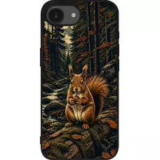 Coque iPhone 17e / 16e - Silicone rigide noir Linocut Ecureuil