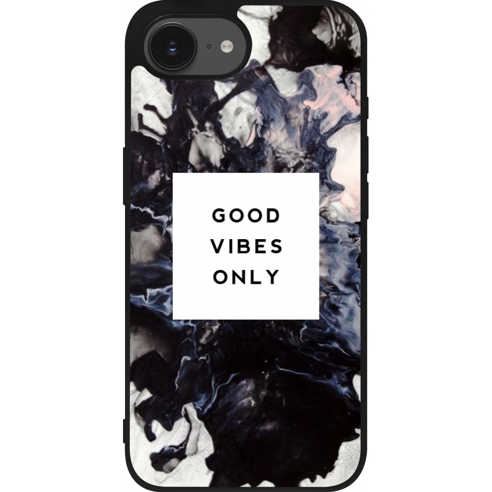 Coque iPhone 16e - Silicone rigide noir Marble Good Vibes Only
