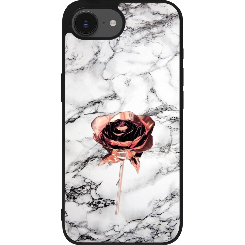 Coque iPhone 16e - Silicone rigide noir Marble Rose Gold
