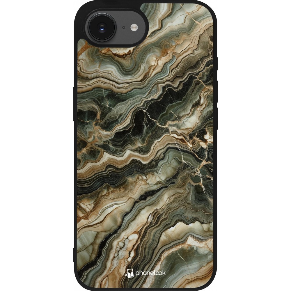 Coque iPhone 16e - Silicone rigide noir Marbre Olive