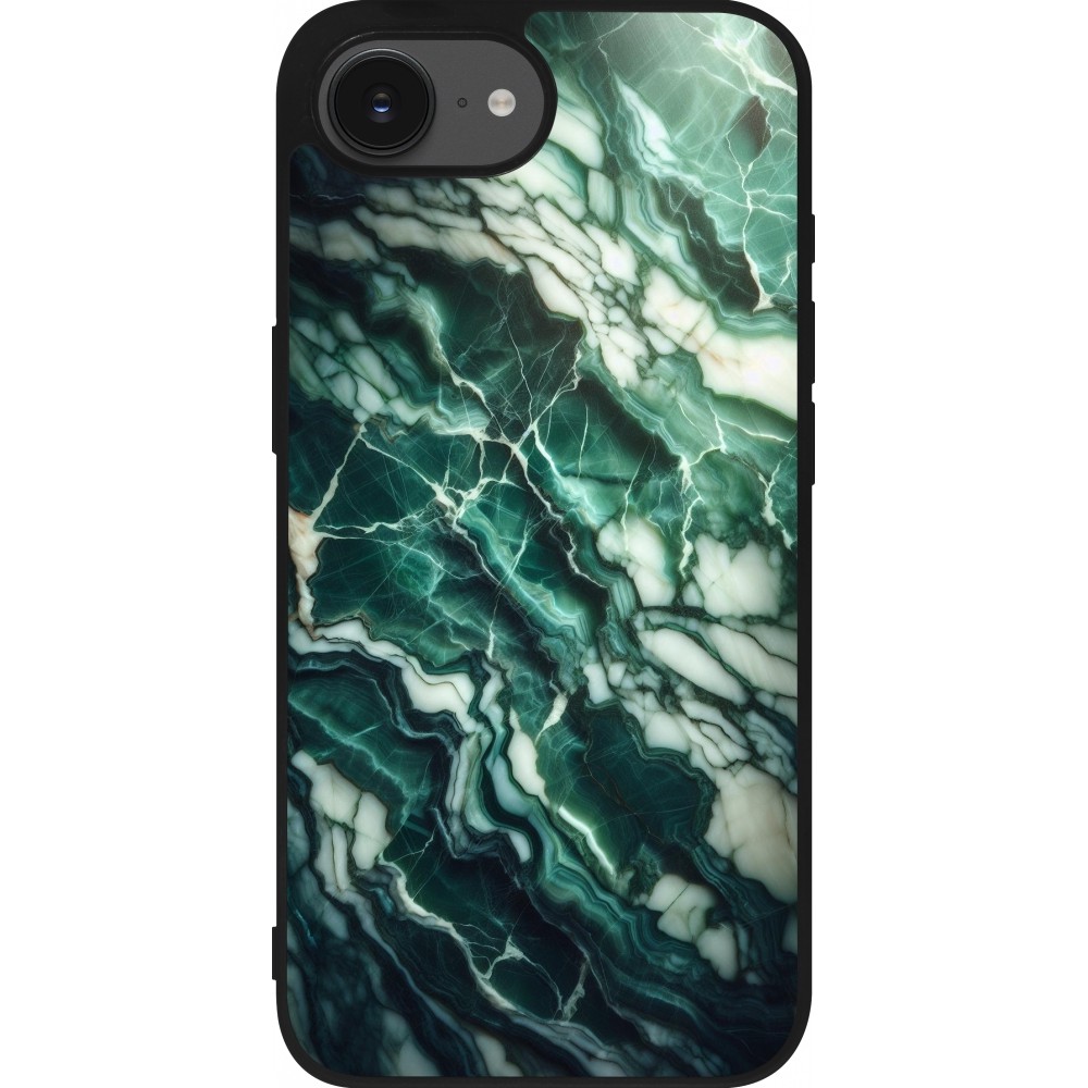 Coque iPhone 16e - Silicone rigide noir Marbre vert majestueux