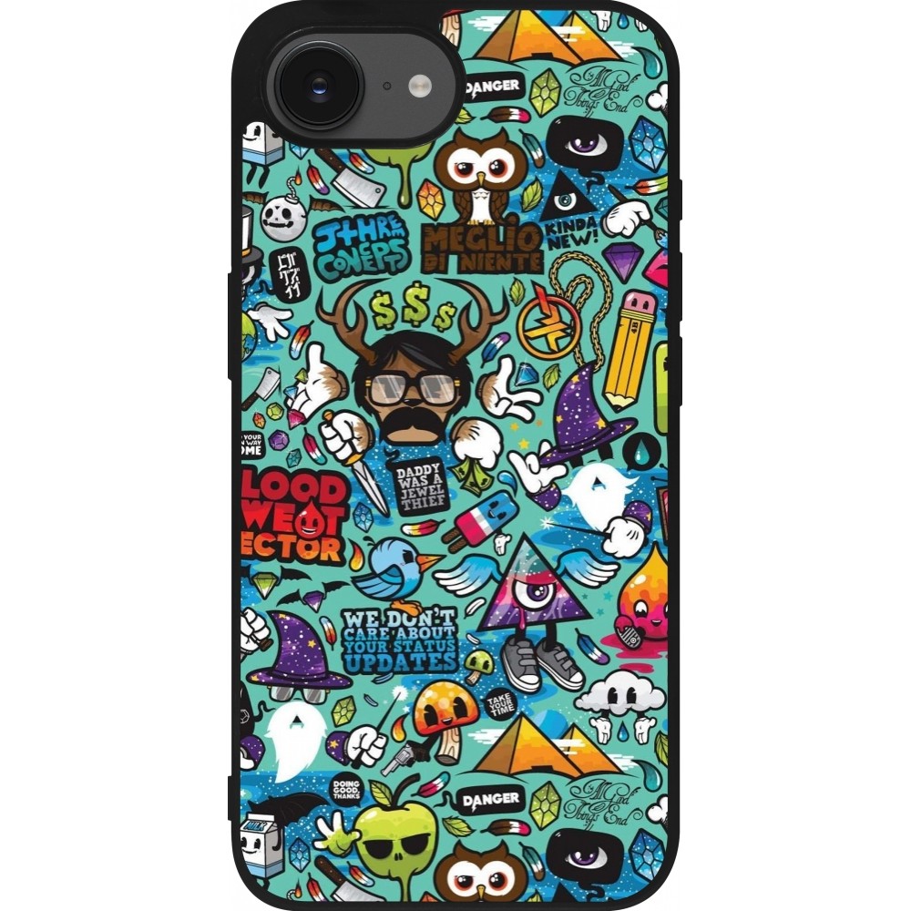 Coque iPhone 16e - Silicone rigide noir Mixed Cartoons Turquoise