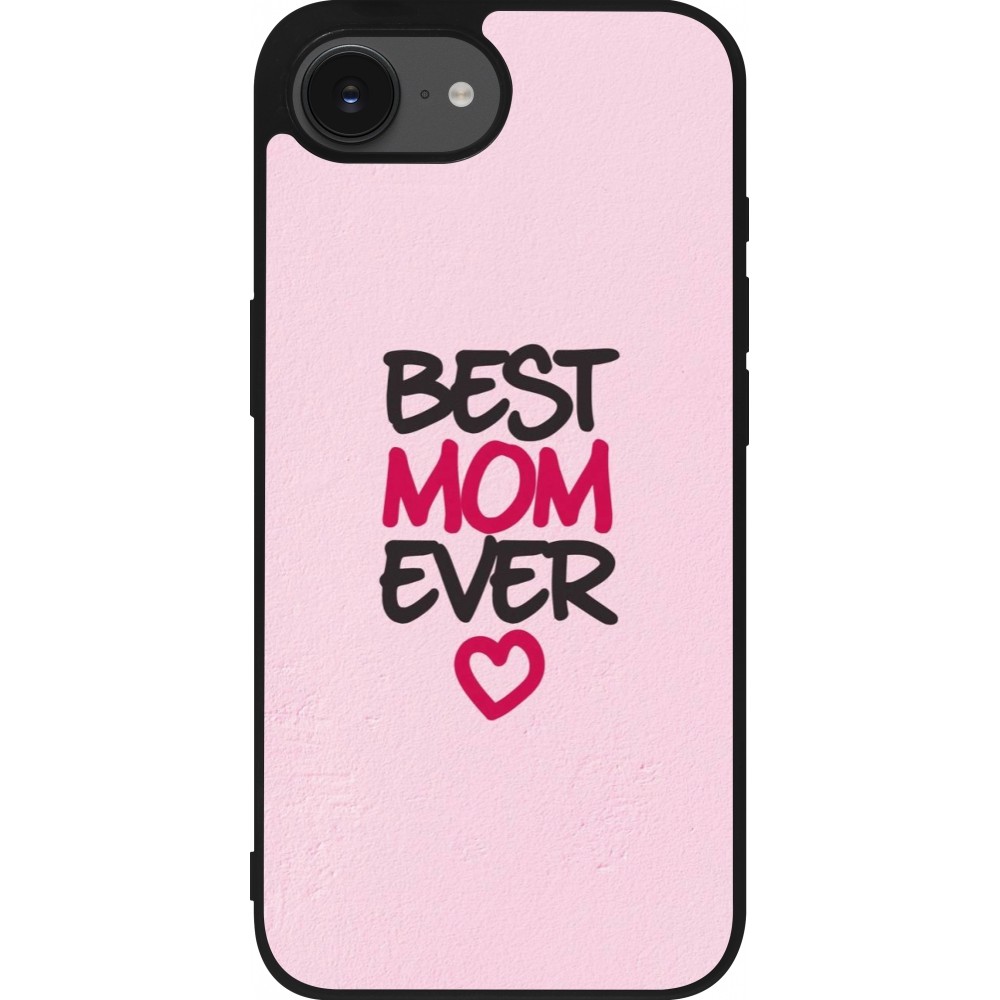 Coque iPhone 16e - Silicone rigide noir Mom 2023 best Mom ever pink