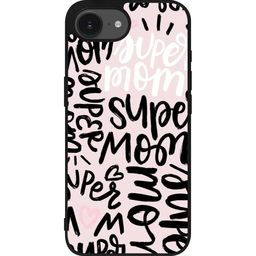 Coque iPhone 16e - Silicone rigide noir Mom 2024 Super mom