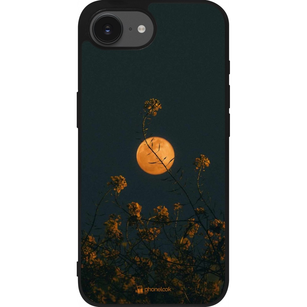 Coque iPhone 16e - Silicone rigide noir Moon Flowers