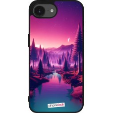 Coque iPhone 17e / 16e - Silicone rigide noir Paysage Violet-Rose