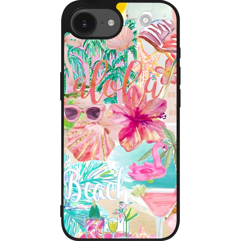 iPhone 16e Case Hülle - Silikon schwarz Preppy Collage Aloha