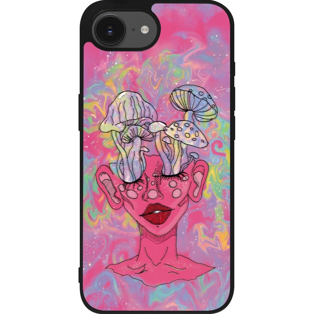 Coque iPhone 16e - Silicone rigide noir Psychedelic pink mushroom