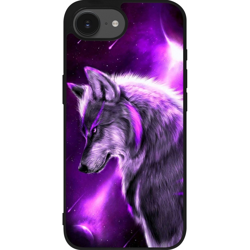 Coque iPhone 16e - Silicone rigide noir Purple Sky Wolf