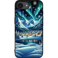 Coque iPhone 16e - Silicone rigide noir Snowy Mountain Village Lake night