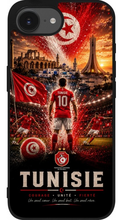 Coque iPhone 17e / 16e - Silicone rigide noir Football Tunisie splash 2026