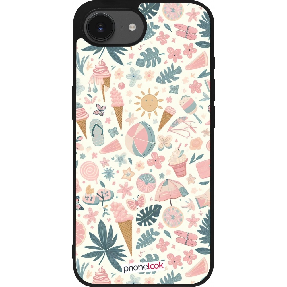 Coque iPhone 16e - Silicone rigide noir Summer Pink Pattern