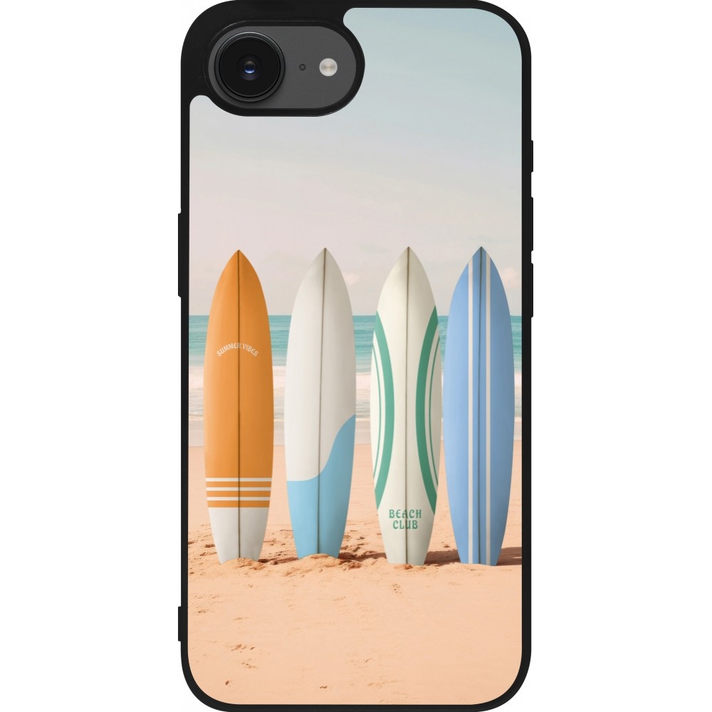 Coque iPhone 16e - Silicone rigide noir Summer surfboard 2025