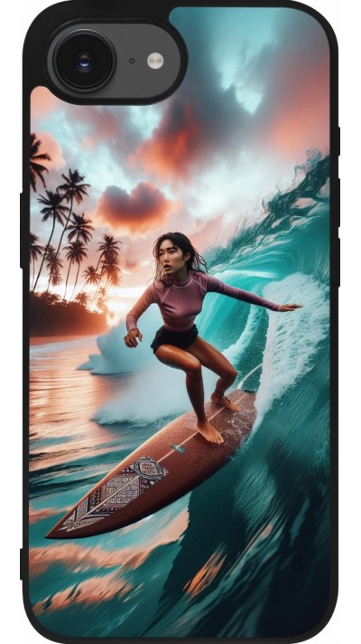 Coque iPhone 16e - Silicone rigide noir Surfeuse Balinaise
