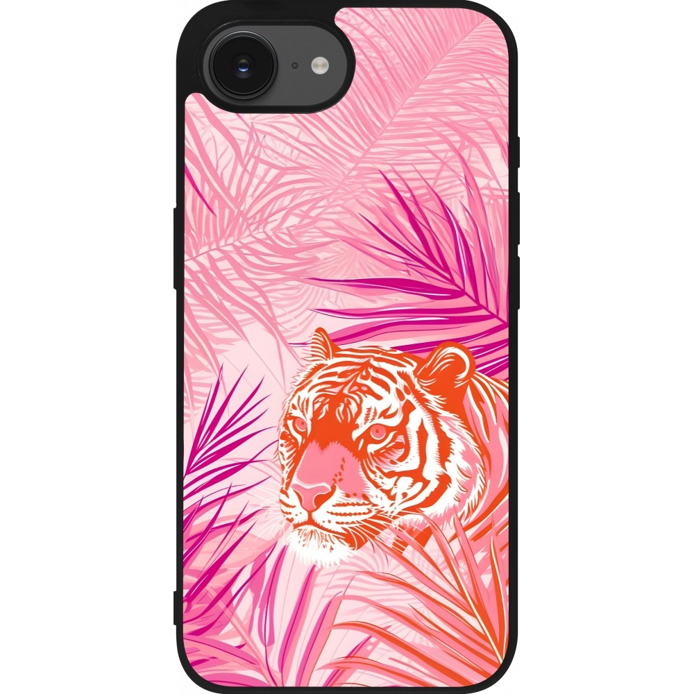 iPhone 16e Case Hülle - Silikon schwarz Tiger Palmen rosa